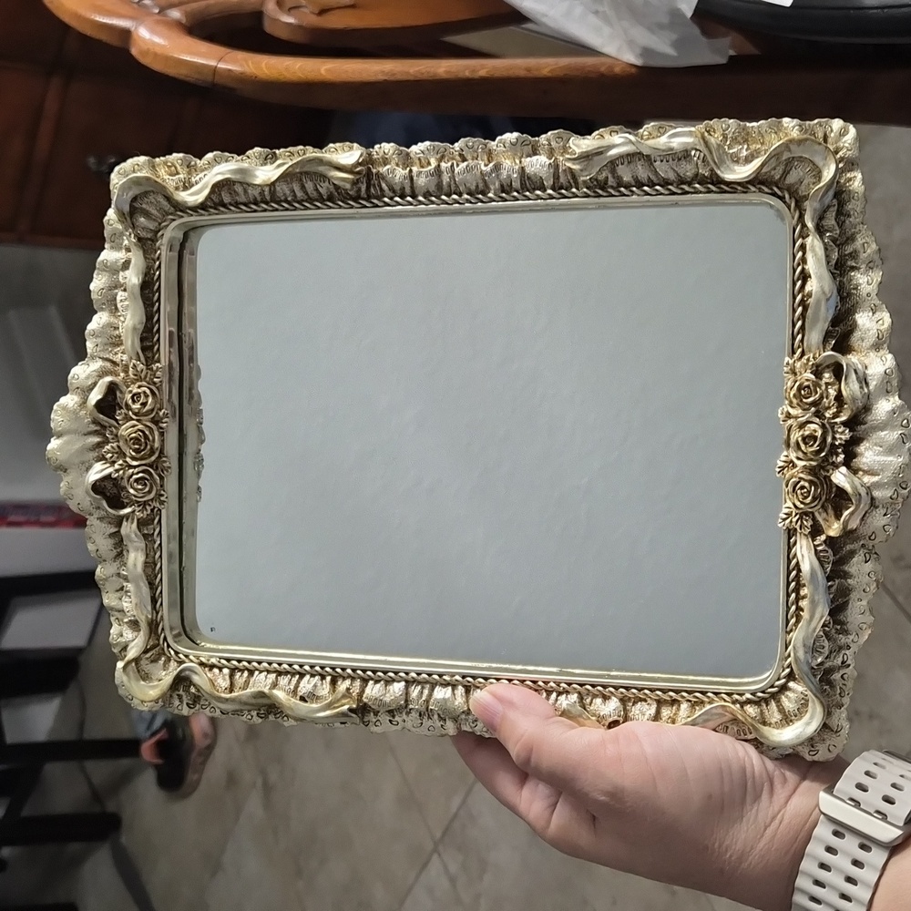 Footed Mirrored Vanity Tray Antiqued Gold Tone - Picture 5 of 5